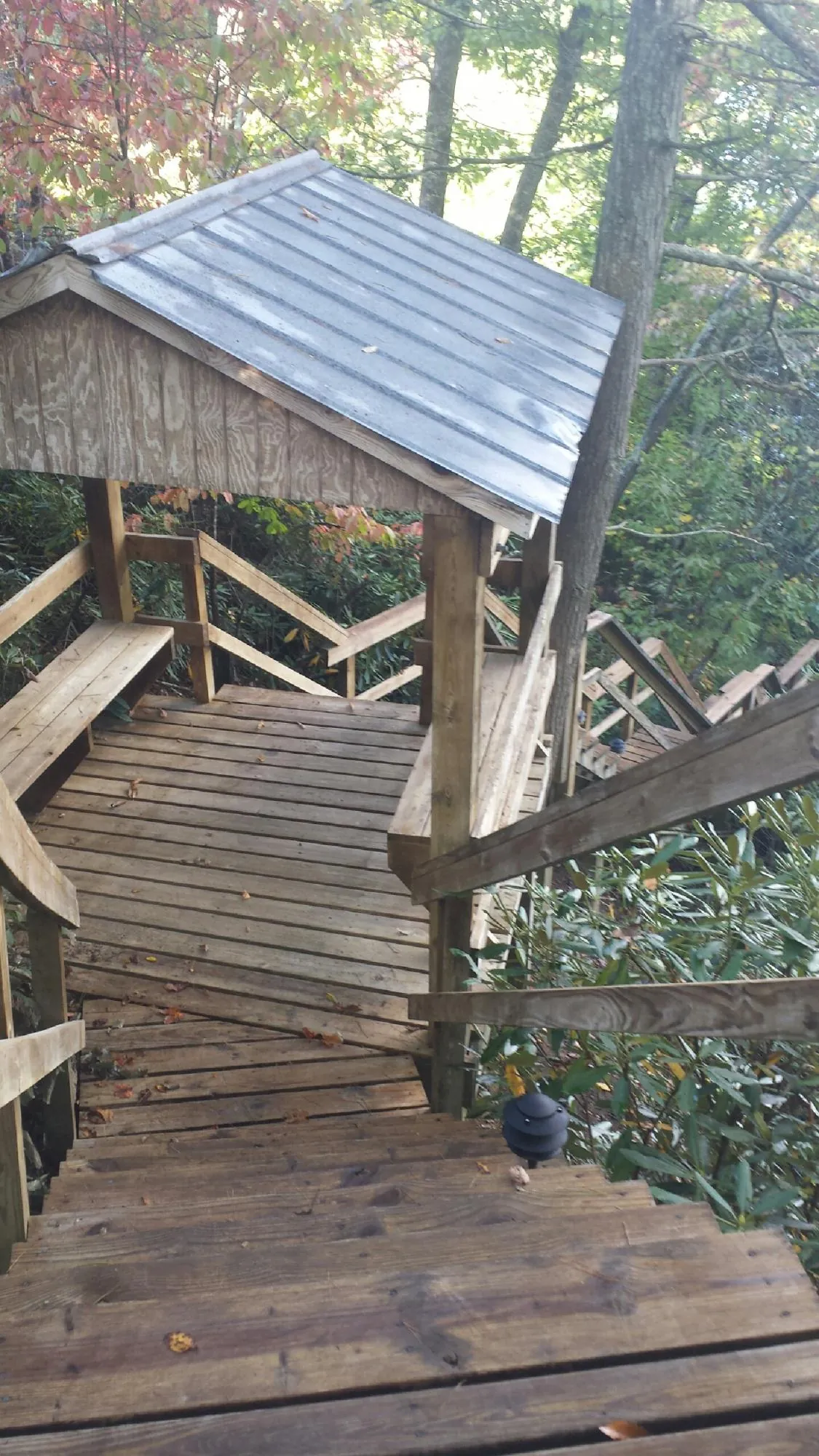 Metal roofed shelter over wooden steps on a wooded walkway — Skylight Repair & Installation work by our crew in Owensville